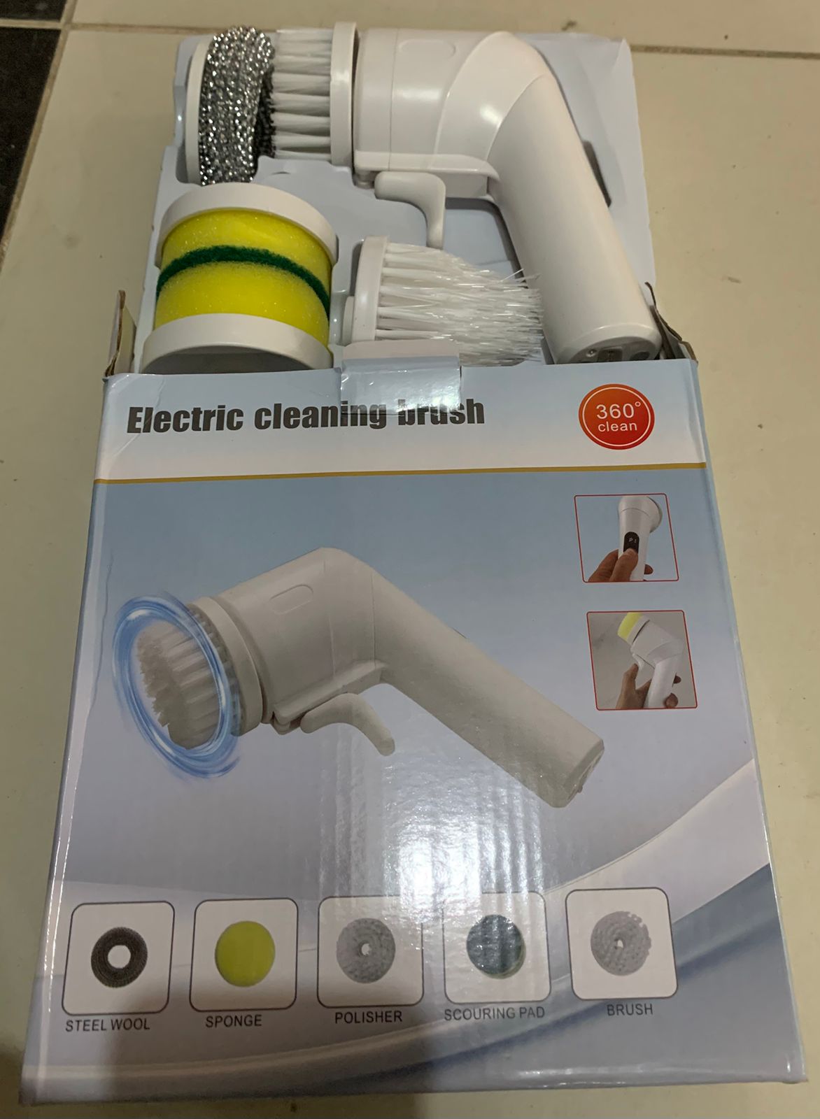 Electric Cleaning Brush With Multiple Attachments For Efficient Home Cleaning – 360° Rotating Scrubber With Sponge, Brush, And Steel Wool Heads